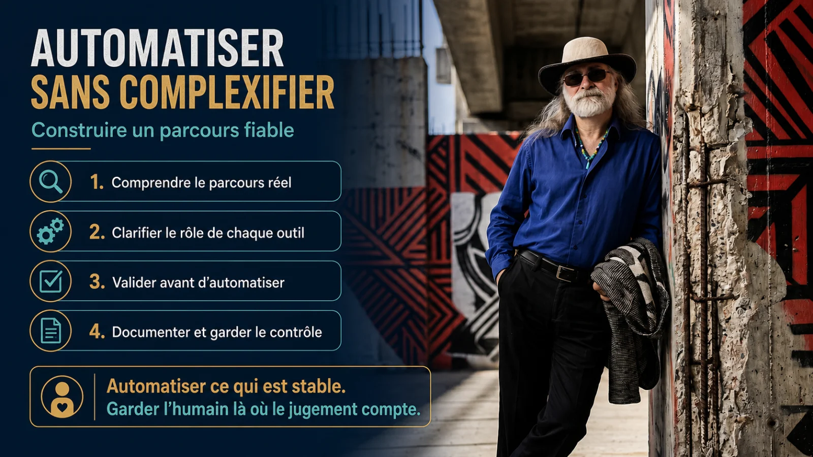 Infographie de synthèse présentant quatre étapes pour automatiser sans complexifier : comprendre le parcours, clarifier le rôle des outils, valider avant d’automatiser, puis documenter et garder le contrôle.