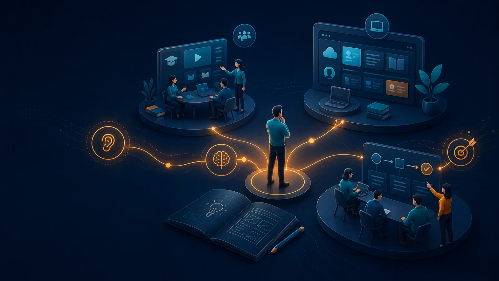 Professionnel réfléchissant entre la pédagogie, les plateformes numériques et les processus d’une organisation avant de concevoir une solution.