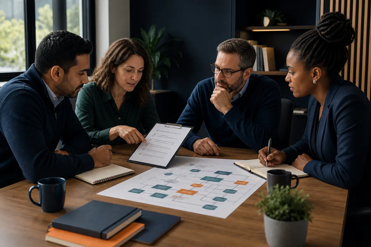 Équipe examinant des principes de travail et une architecture numérique